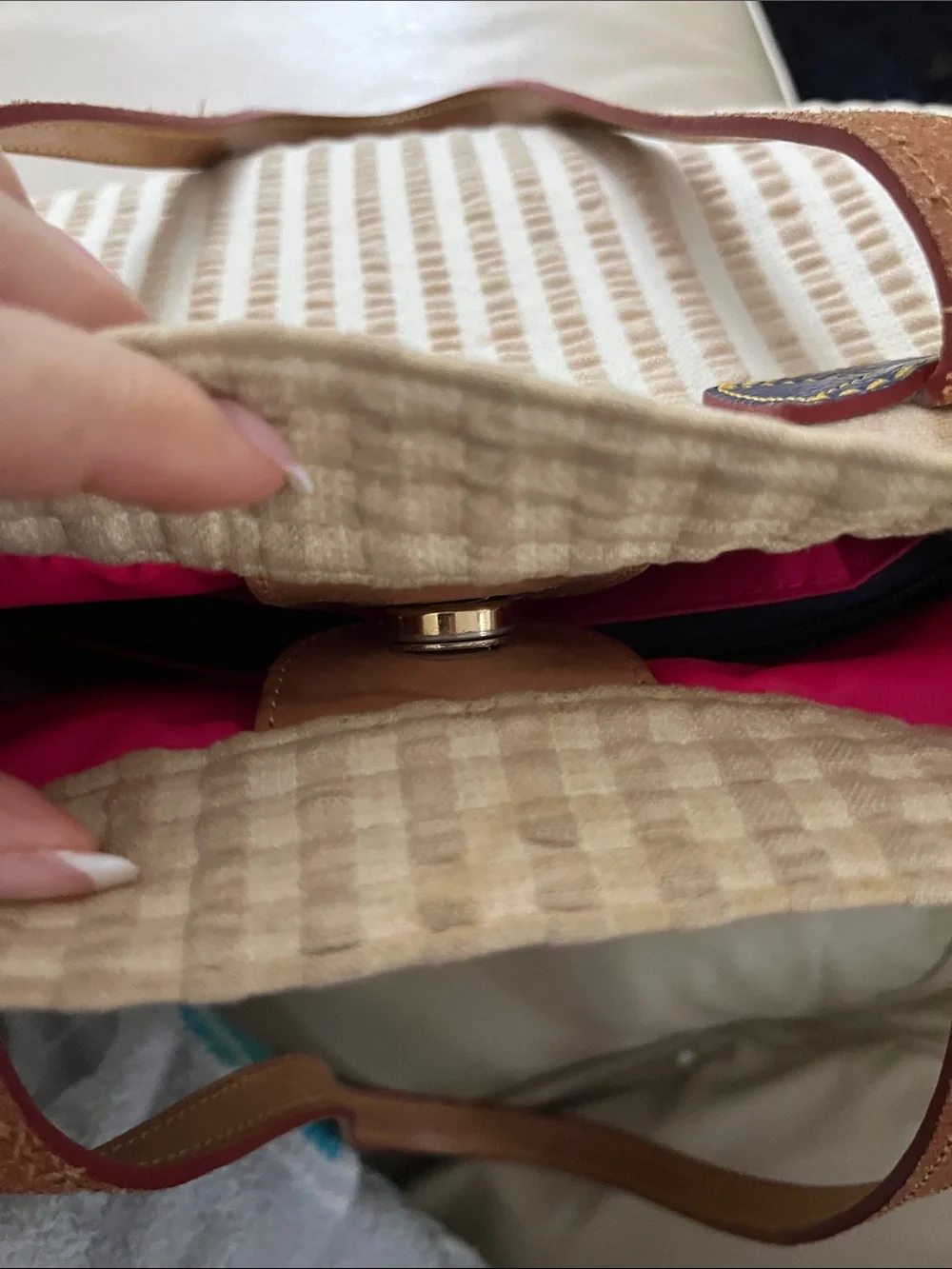 DOONEY&BOURKE VINTAGE Cream Tote with Brown Leather Straps and Navy Accents - Picture 7 of 10